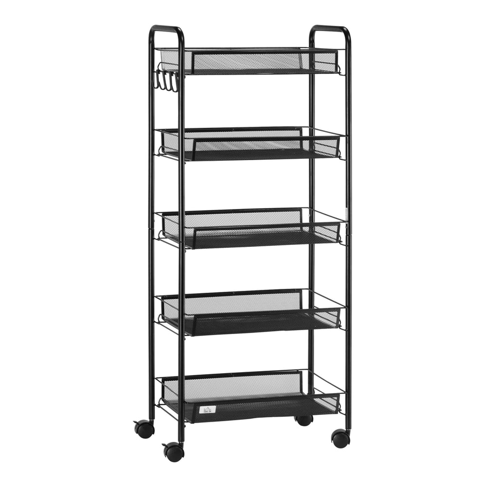 HOMCOM Five-Steel Mesh Basket Storage Trolley, a tall black unit with five mesh baskets and wheels