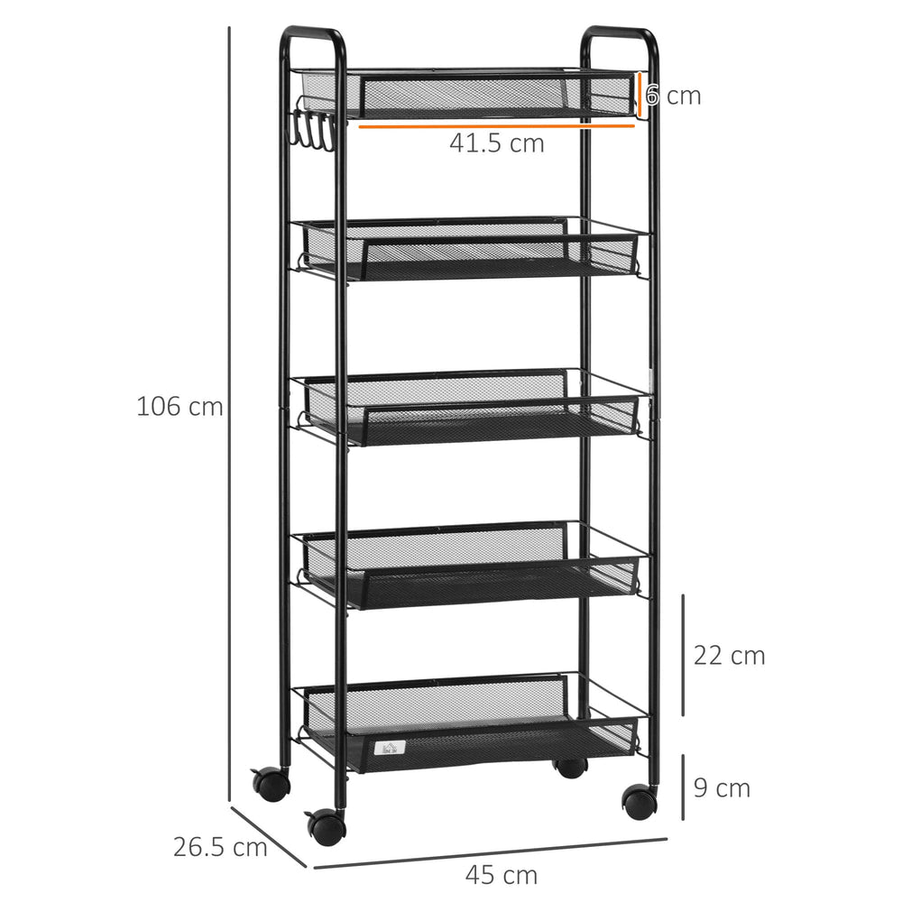 Dimensions of the black five-tier mesh basket storage trolley shown with measurements