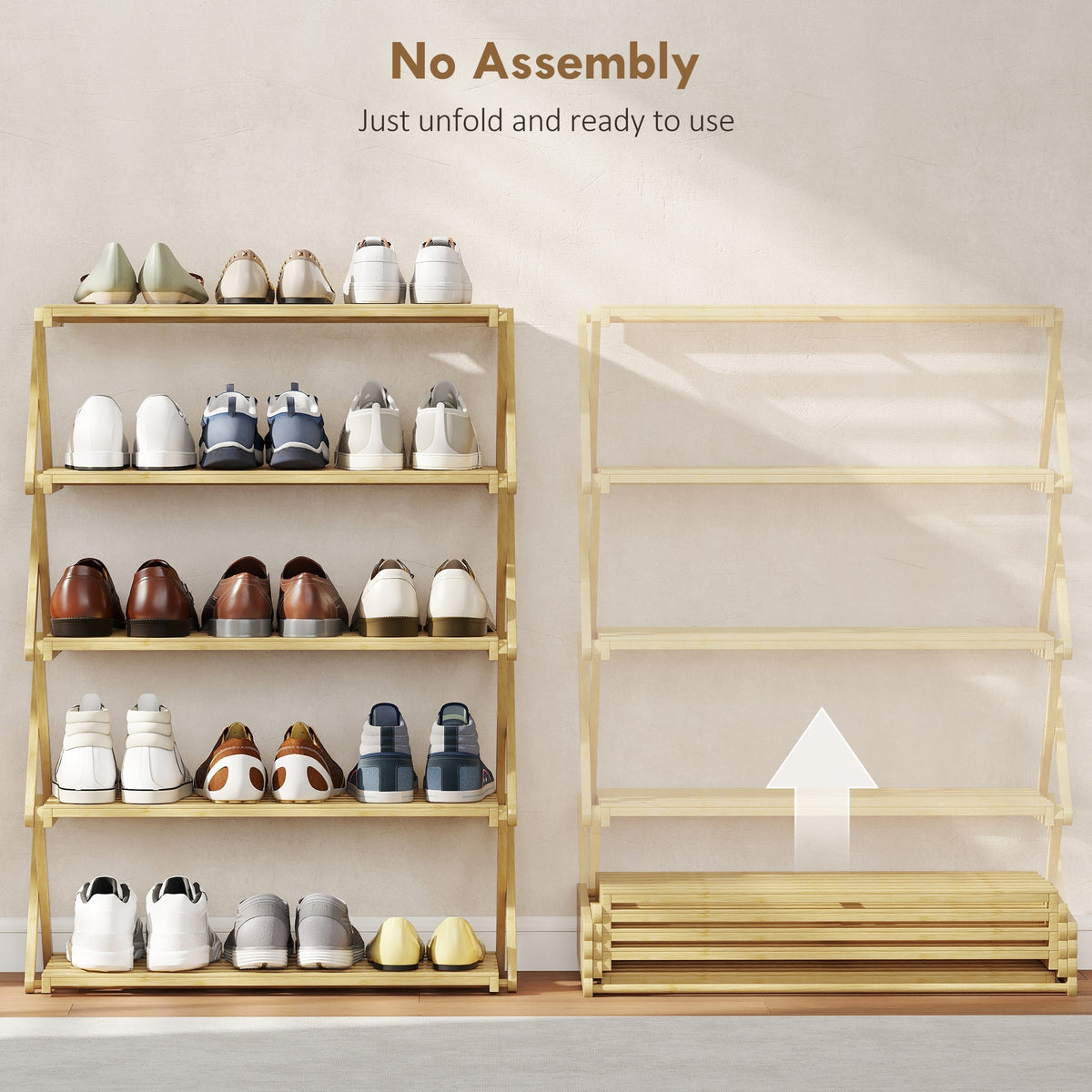 The shoe storage shown fully assembled next to a folded unit to demonstrate easy setup