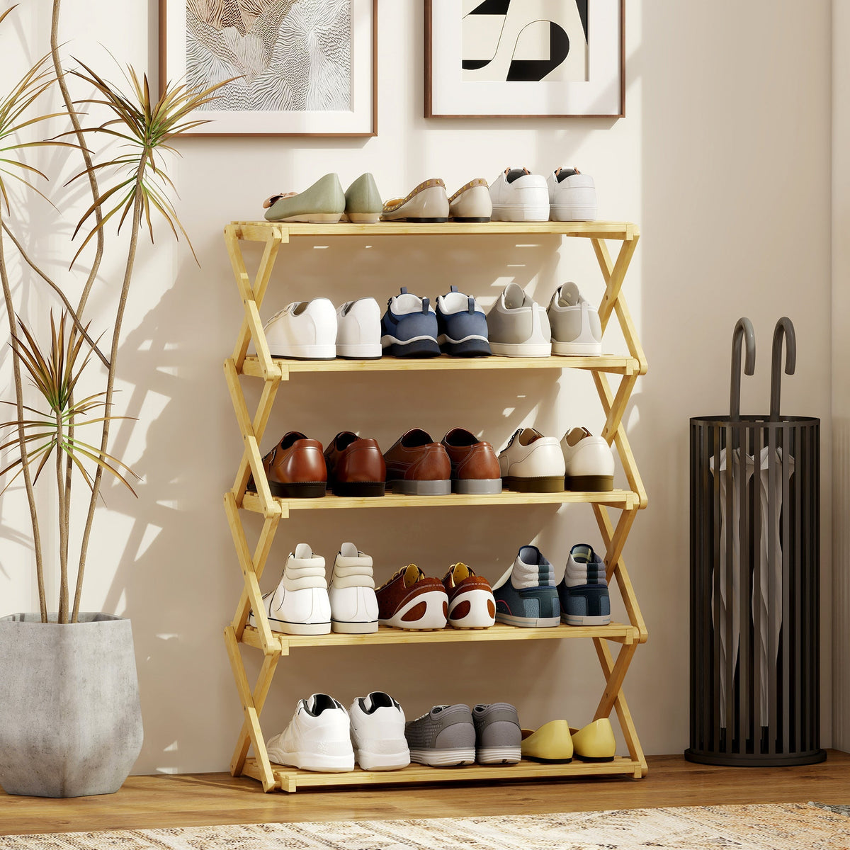 The shoe storage filled with various pairs of footwear in a bright living room setting