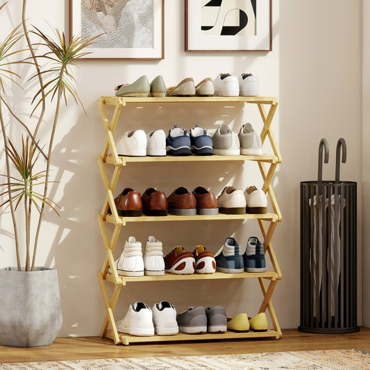 The shoe storage filled with various pairs of footwear in a bright living room setting