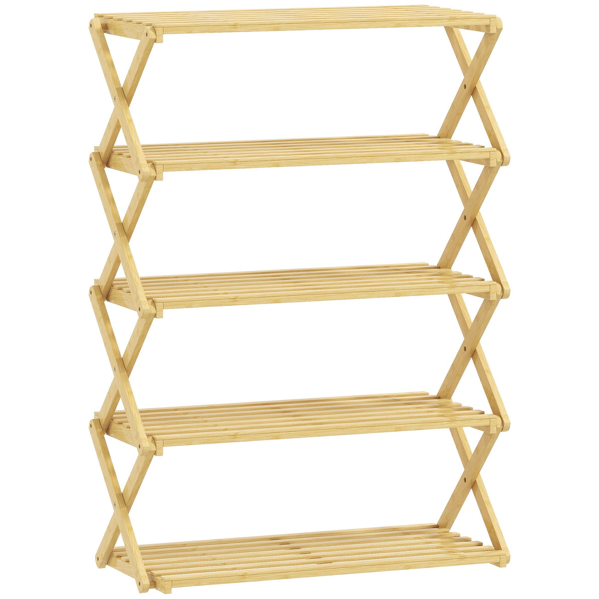 HOMCOM Five-Tier Folding Bamboo Shoe Rack with slatted shelves and a cross-frame design