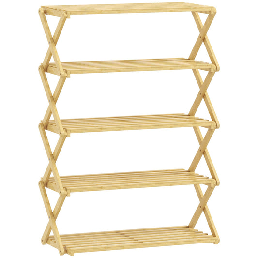 HOMCOM Five-Tier Folding Bamboo Shoe Rack with slatted shelves and a cross-frame design