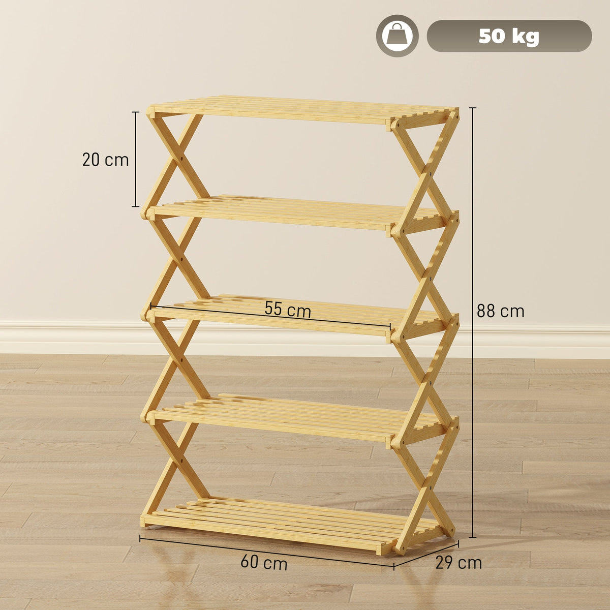 The shoe storage showing overall dimensions with arrows indicating height, width and depth