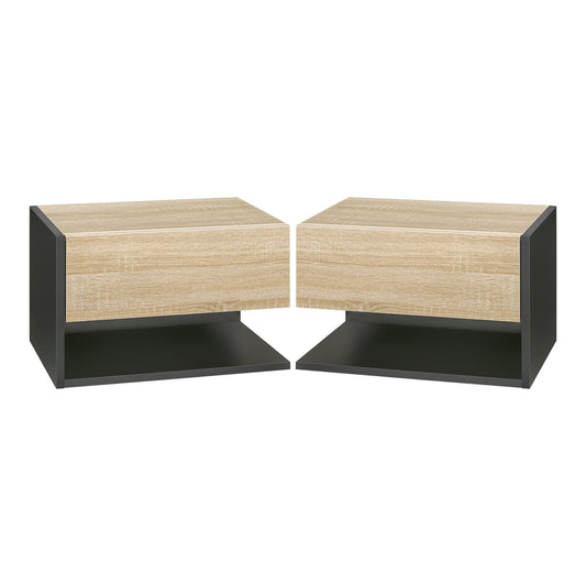 HOMCOM Floating Bedside Table Set of 2 shown side by side with oak tone drawers and black frames