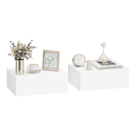 HOMCOM Floating Bedside Table Set of 2, white wall-mounted nightstands with a framed picture and clock