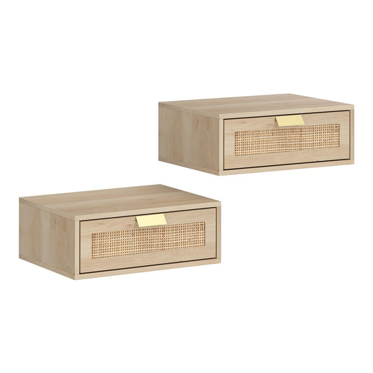 HOMCOM Floating Bedside Tables Set of 2, wall mounted cabinets with rattan drawer and wood effect