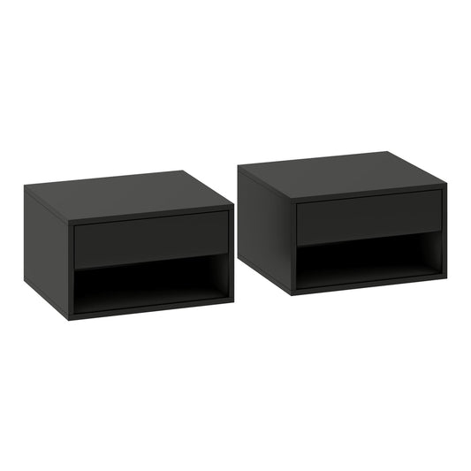 HOMCOM Floating Bedside Tables Set of 2, black wall mounted nightstands with a drawer and open shelf