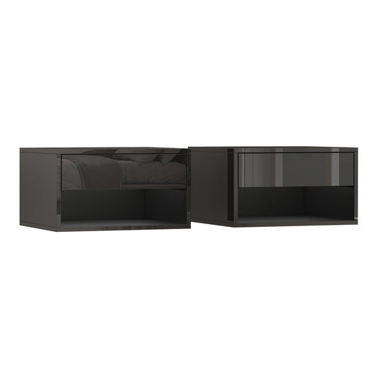 HOMCOM Floating Bedside Tables Set of 2 in a high gloss black finish against a white background