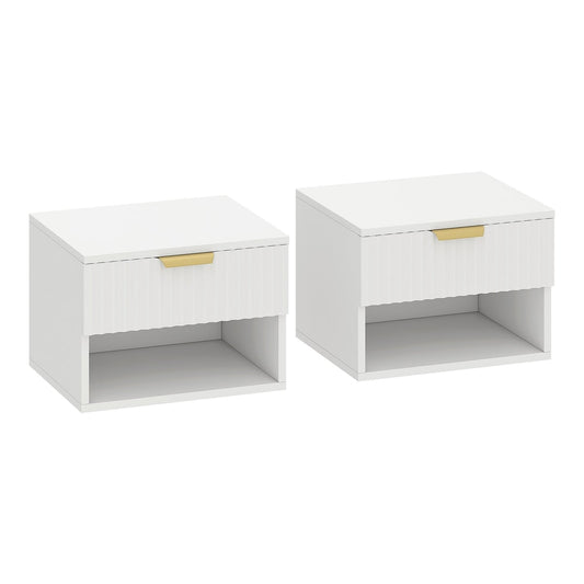 HOMCOM Floating Nightstands Set of 2, white modern wall mounted bedside tables with fluted drawer and open shelf