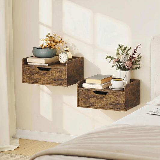Two rustic brown wall mounted bedside tables with drawers in a bedroom setting