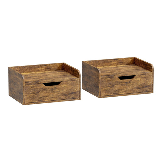 HOMCOM Floating Nightstands Set of 2, rustic brown wall mounted bedside tables with drawers