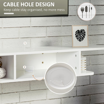 Close-up of the white wall-mounted media console showing cable management holes and shelf compartments