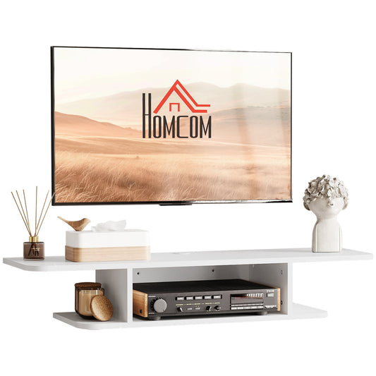 HOMCOM Floating TV Unit Stand, a white wall-mounted media console with a shelf and compartments, holding a TV and accessories