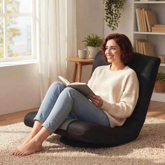 The floor sofa being used by a woman reading a book in a bright living room setting