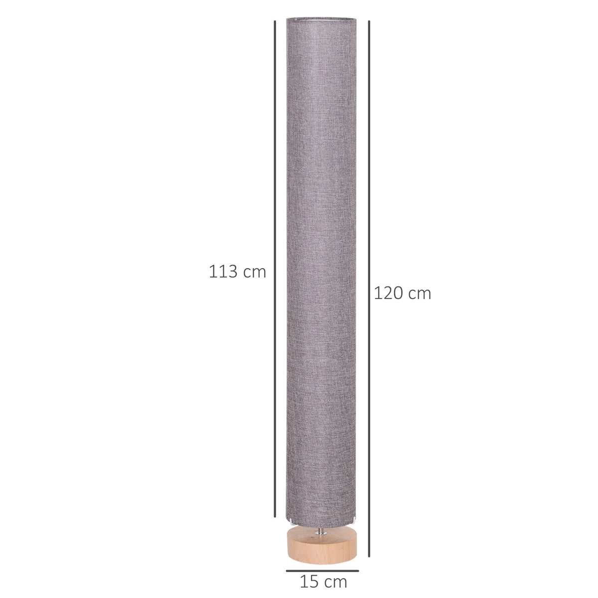 A diagram showing the dimensions of the grey floor lamp with its wooden base