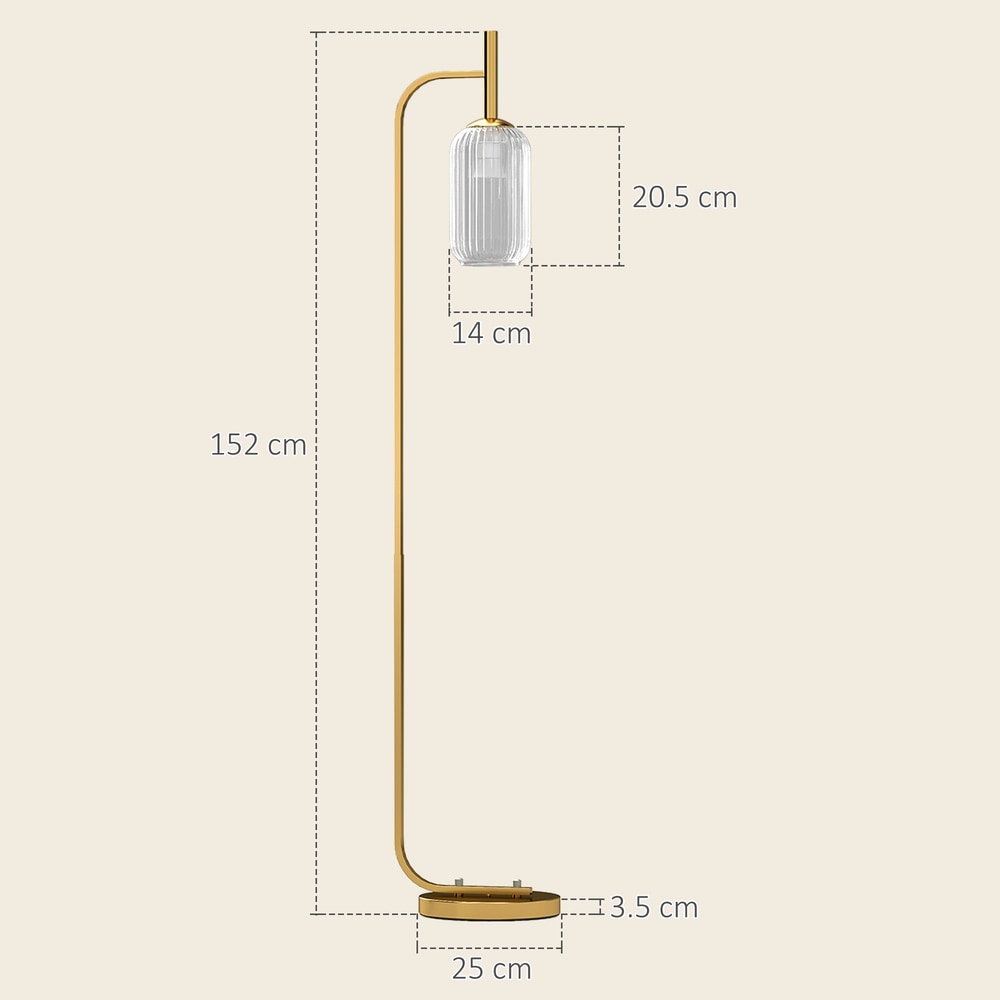 Dimensions of the gold floor lamp with glass shade, showing height and base width