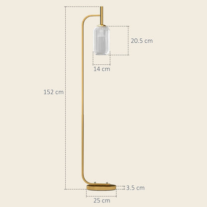 Dimensions of the gold floor lamp with glass shade, showing height and base width