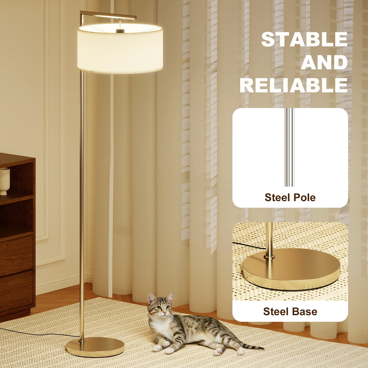 The silver pole and steel base of the modern floor lamp