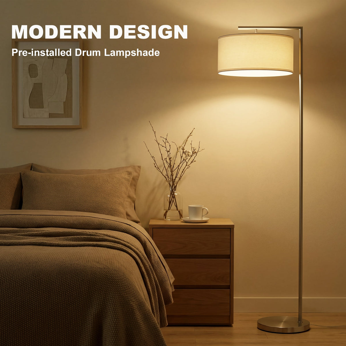 The modern floor lamp with a drum lampshade in a bedroom setting