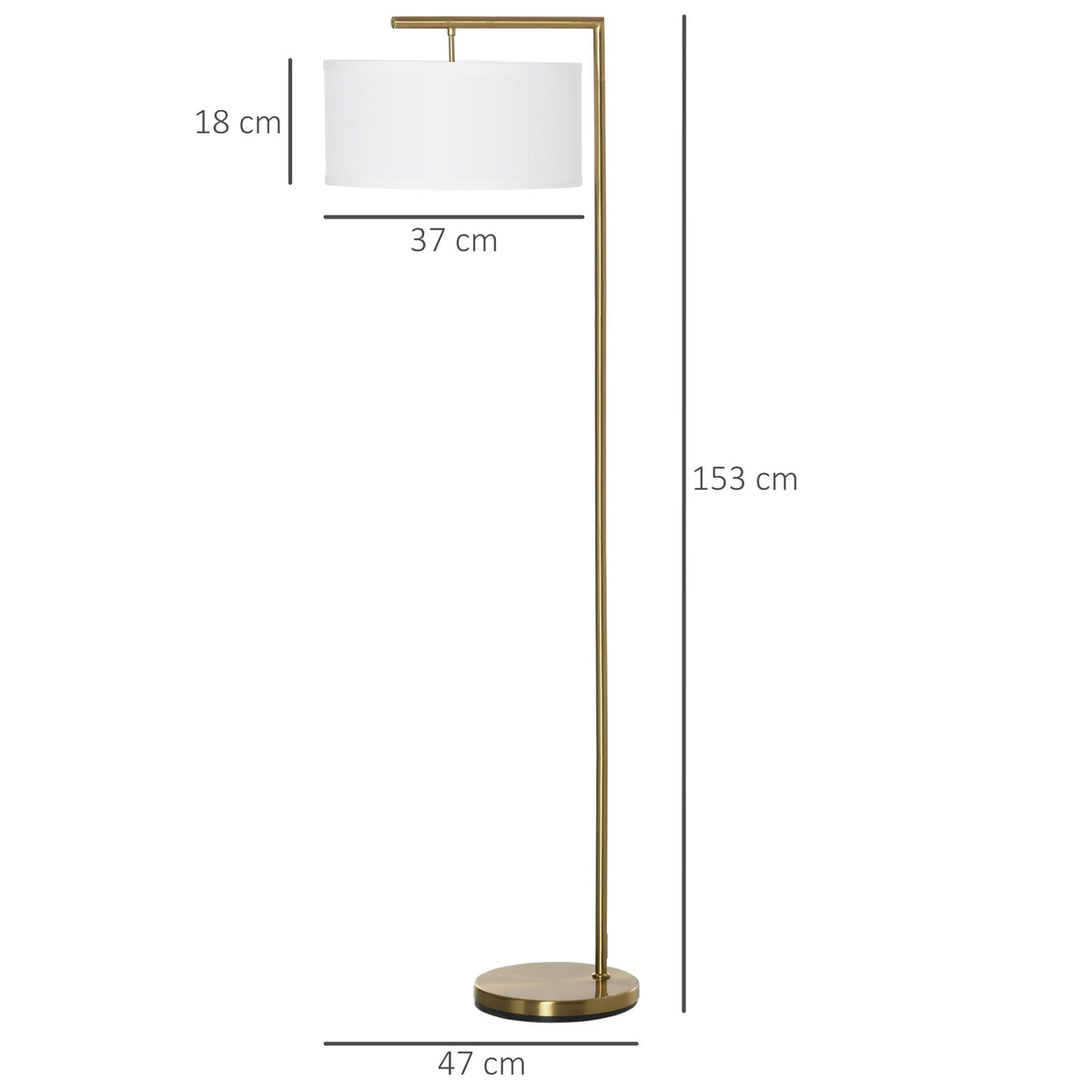 Floor lamp dimensions showing height and shade width with a round base