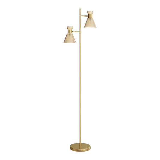 HOMCOM Floor Lamp with Adjustable Dual Head, a tall gold-tone lamp with two cone-shaped shades