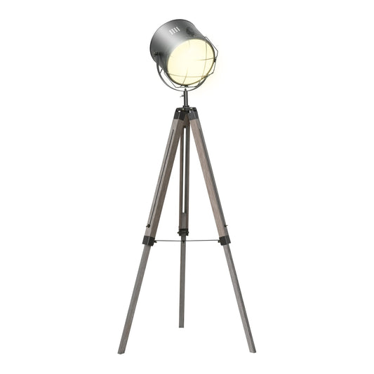 HOMCOM Floor Lamp with a grey spotlight head and wooden tripod legs standing on a white background
