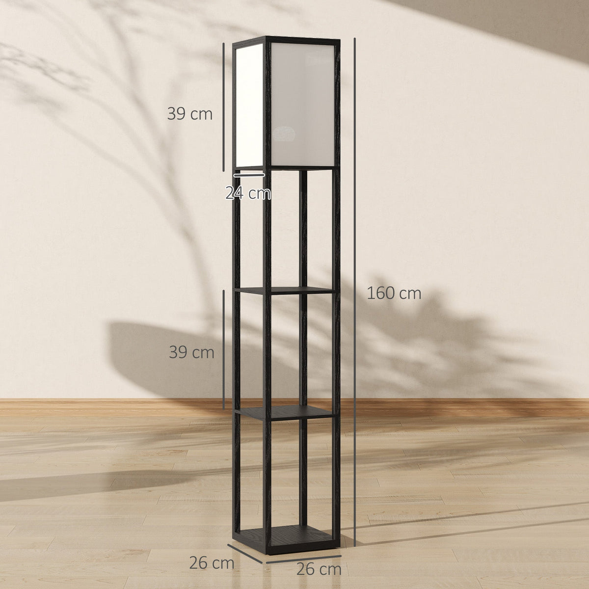 The black floor lamp with shelves shown with dimensions marked