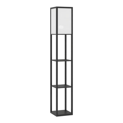 HOMCOM Floor Lamp with Shelves, a tall black column lamp with three shelves and a white fabric shade