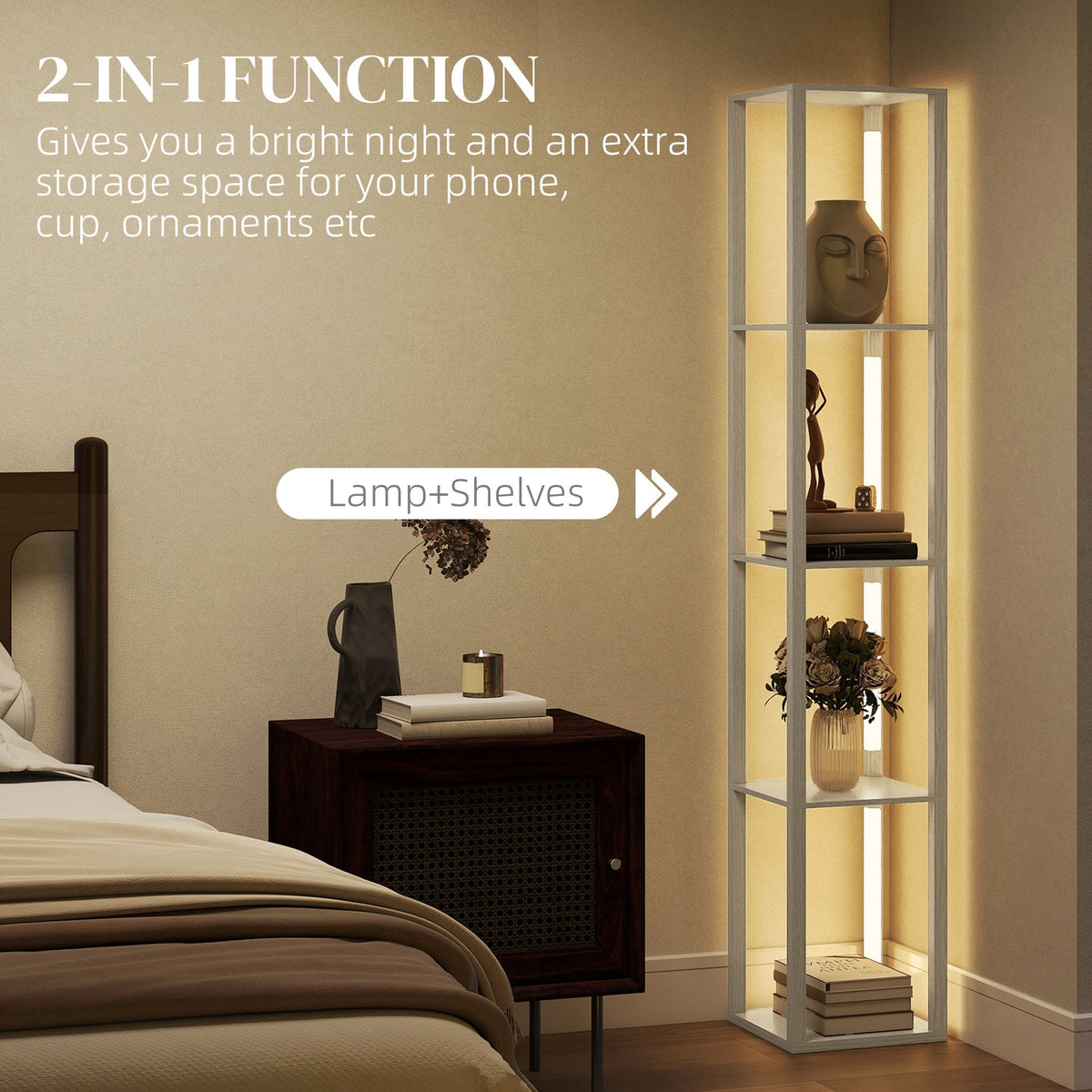 The tall lamp with shelves providing ambient light in a bedroom setting next to a bedside table