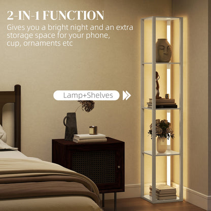 The tall lamp with shelves providing ambient light in a bedroom setting next to a bedside table