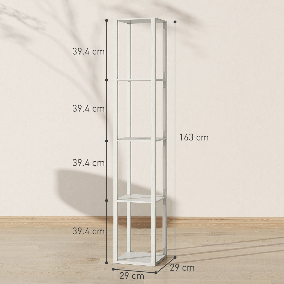 Dimensions of the oak floor lamp with shelves, showing height, width and depth measurements