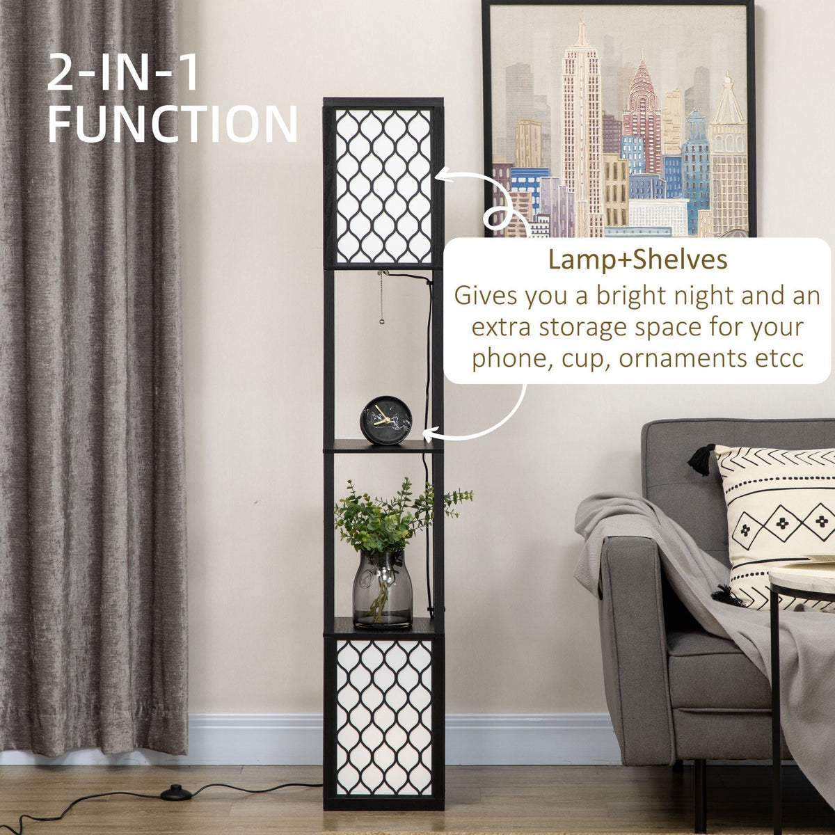 This floor lamp with shelves has a dual light and storage function