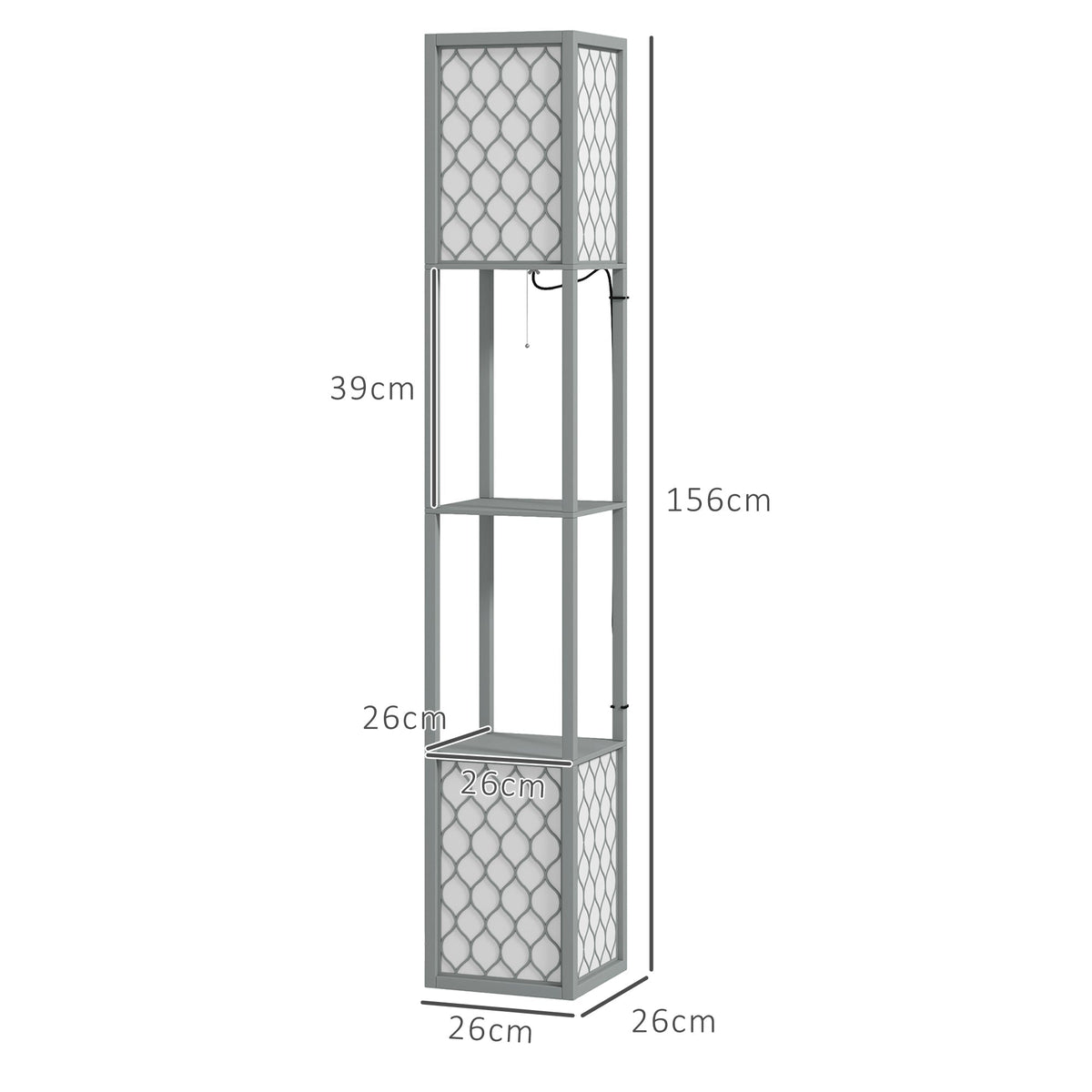 The grey floor lamp with shelves showing its dimensions and height
