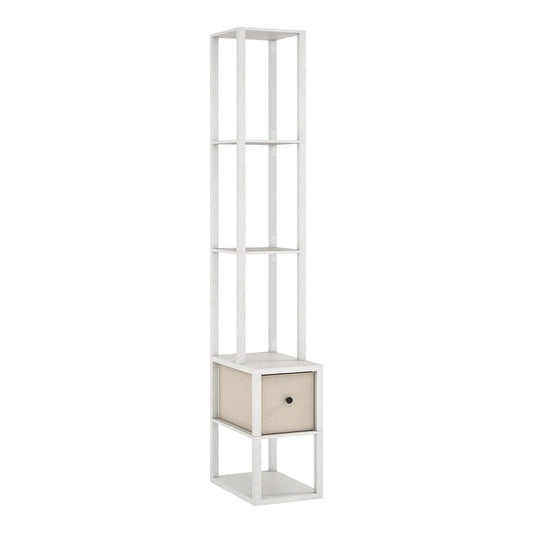 HOMCOM Floor Lamp with Shelves, a tall white unit with four shelves and a fabric drawer