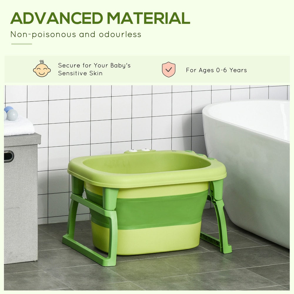 Green foldable baby bathtub with stool shown in a bathroom with text about material