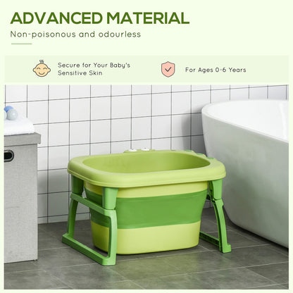 Green foldable baby bathtub with stool shown in a bathroom with text about material