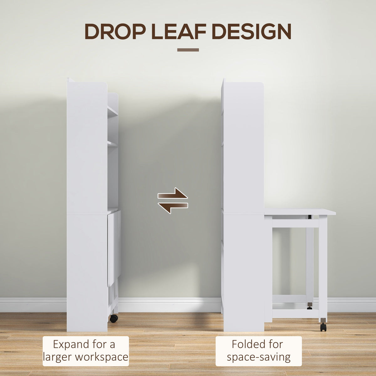 The office desk demonstrating the drop leaf design with arrows showing how it folds and unfolds
