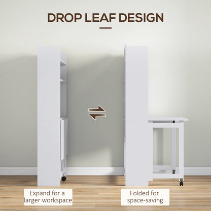 The office desk demonstrating the drop leaf design with arrows showing how it folds and unfolds