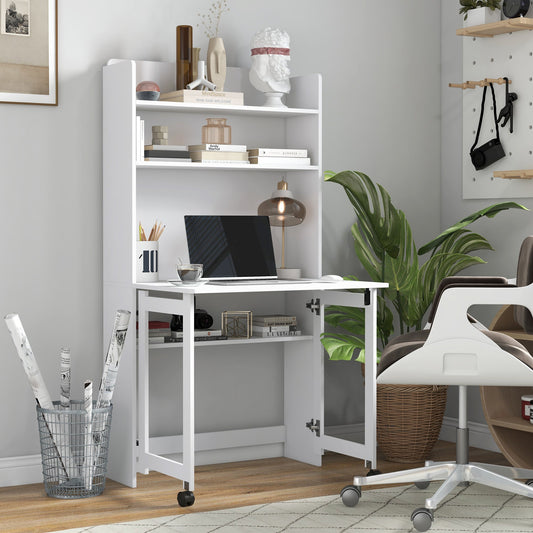 The office desk set up in a home study with a laptop and decor items on the shelves and surface