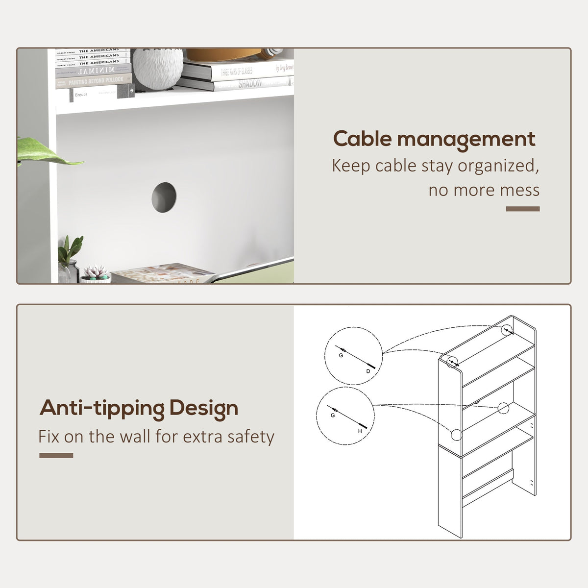 The office desk showing the cable management hole and the anti-tipping wall fixing mechanism