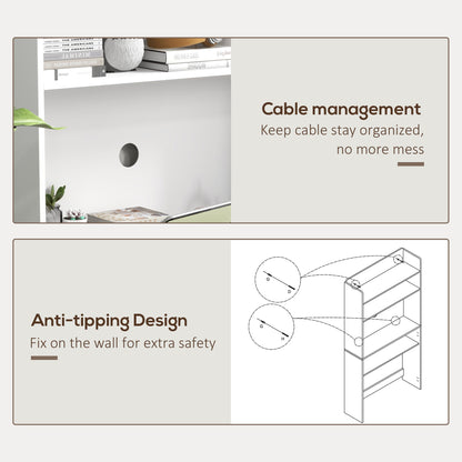 The office desk showing the cable management hole and the anti-tipping wall fixing mechanism