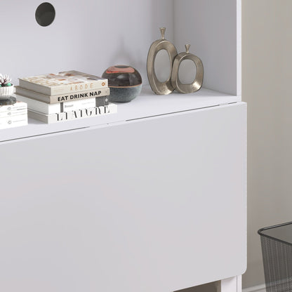 A close-up of the folded desk surface with books and ornaments placed on the top shelf