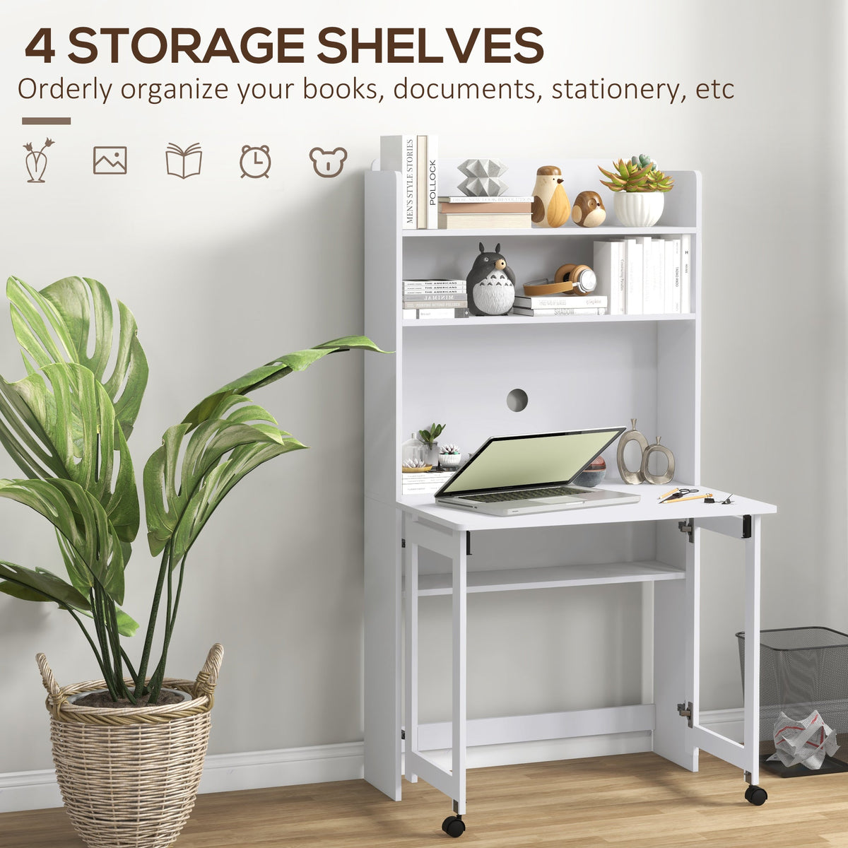 The office desk highlighting the four storage shelves filled with books and decorative objects
