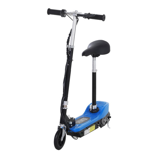 HOMCOM Foldable Electric Scooter for Kids 12V 120W W/Brake Kickstand -Blue, a blue electric scooter with a seat