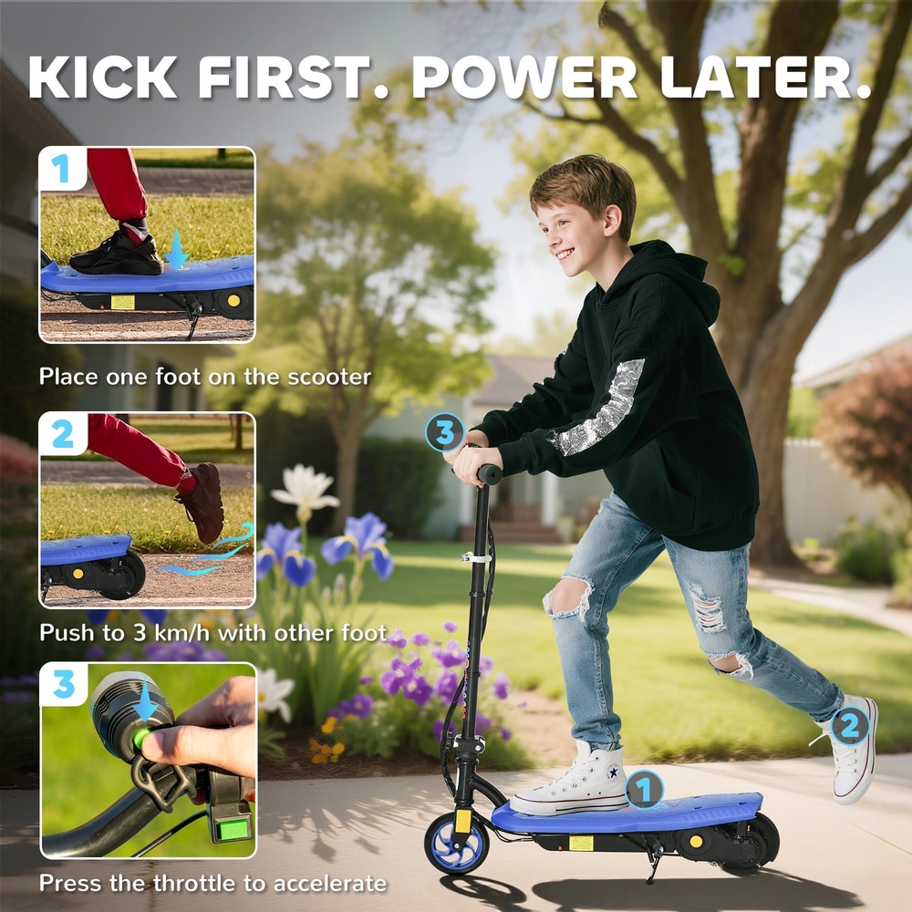 Instructions for using the blue kids electric scooter, showing how to start and accelerate