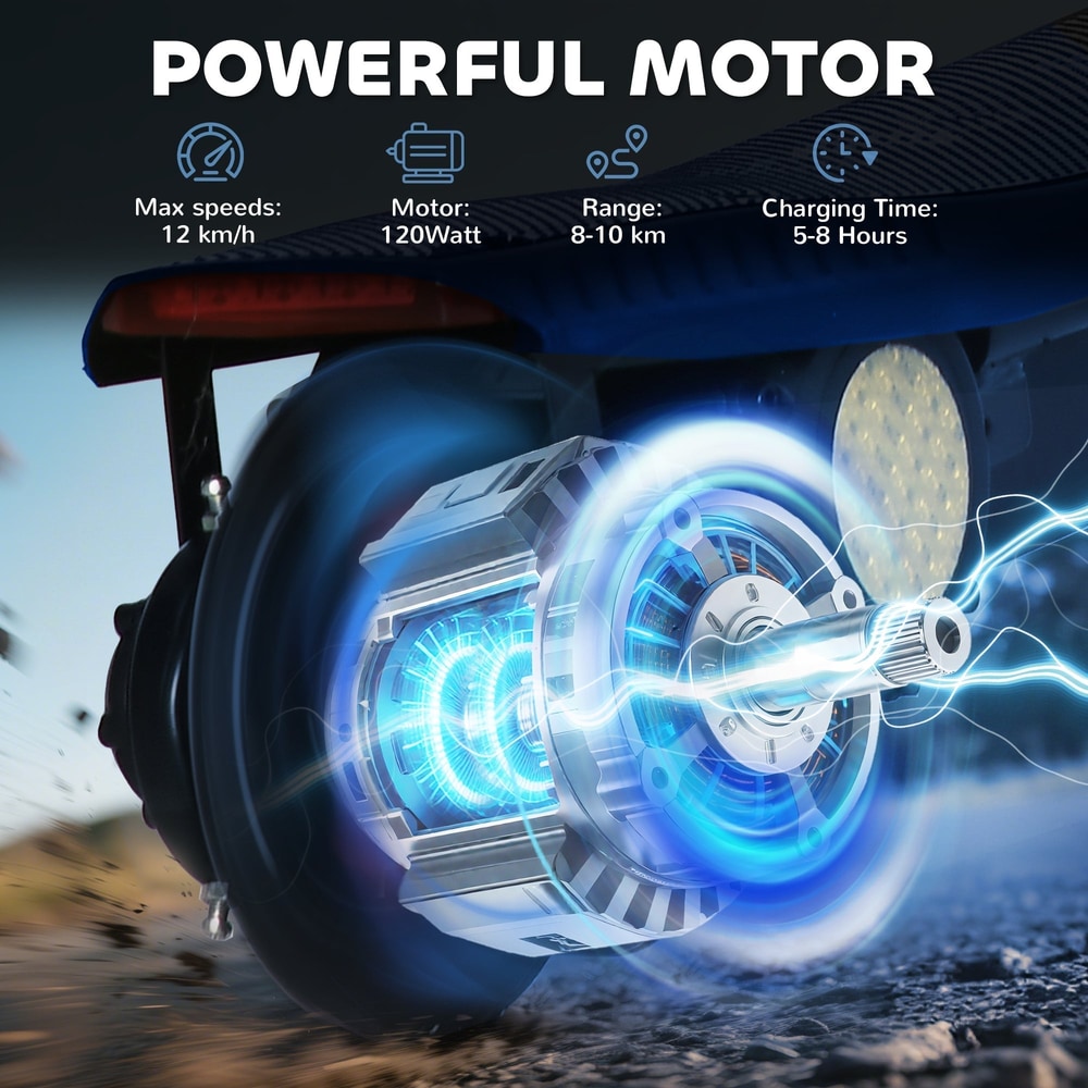Close-up of the powerful motor on the blue kids electric scooter