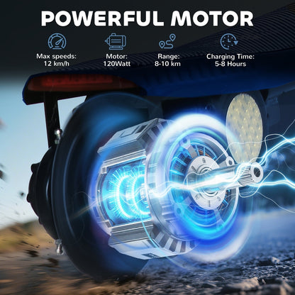 Close-up of the powerful motor on the blue kids electric scooter
