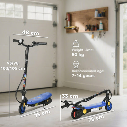 Size diagram showing the dimensions of the blue kids electric scooter