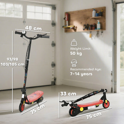 The kids scooter shown in both upright and folded positions with dimension labels